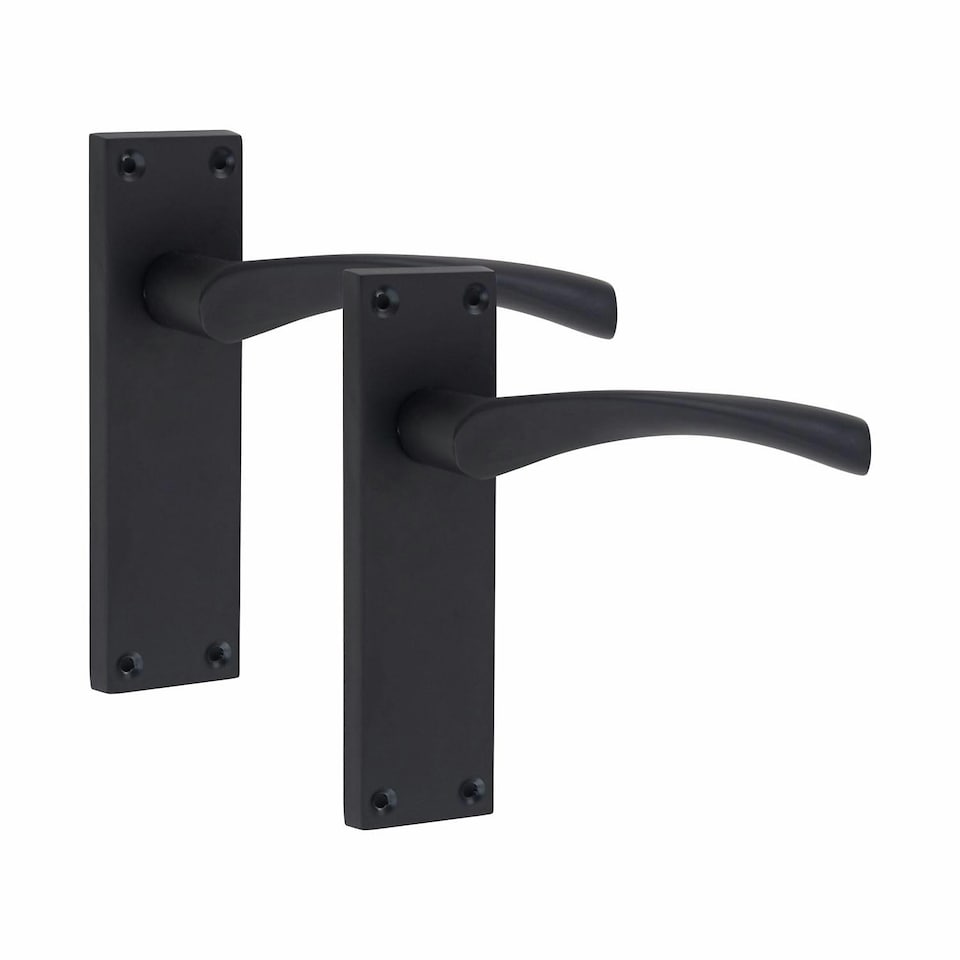 image 1 of Golden Grace 1 Set Victorian Scroll Astrid Door Handles in Matt Black with 1 Pair of 3" Ball Bearing Hinges & Latches Pack - 150mm x 40mm Backplate | Black | 1 Set