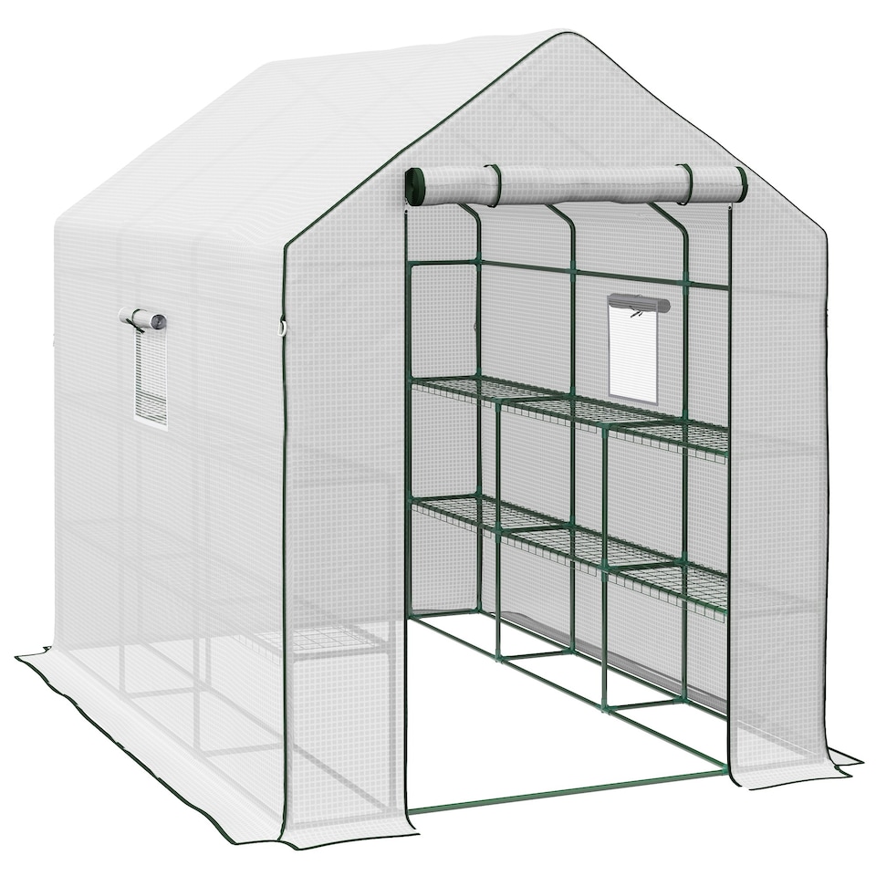 image 1 of Outsunny Walk-in Outdoor Green House with Door and Mesh Windows, White