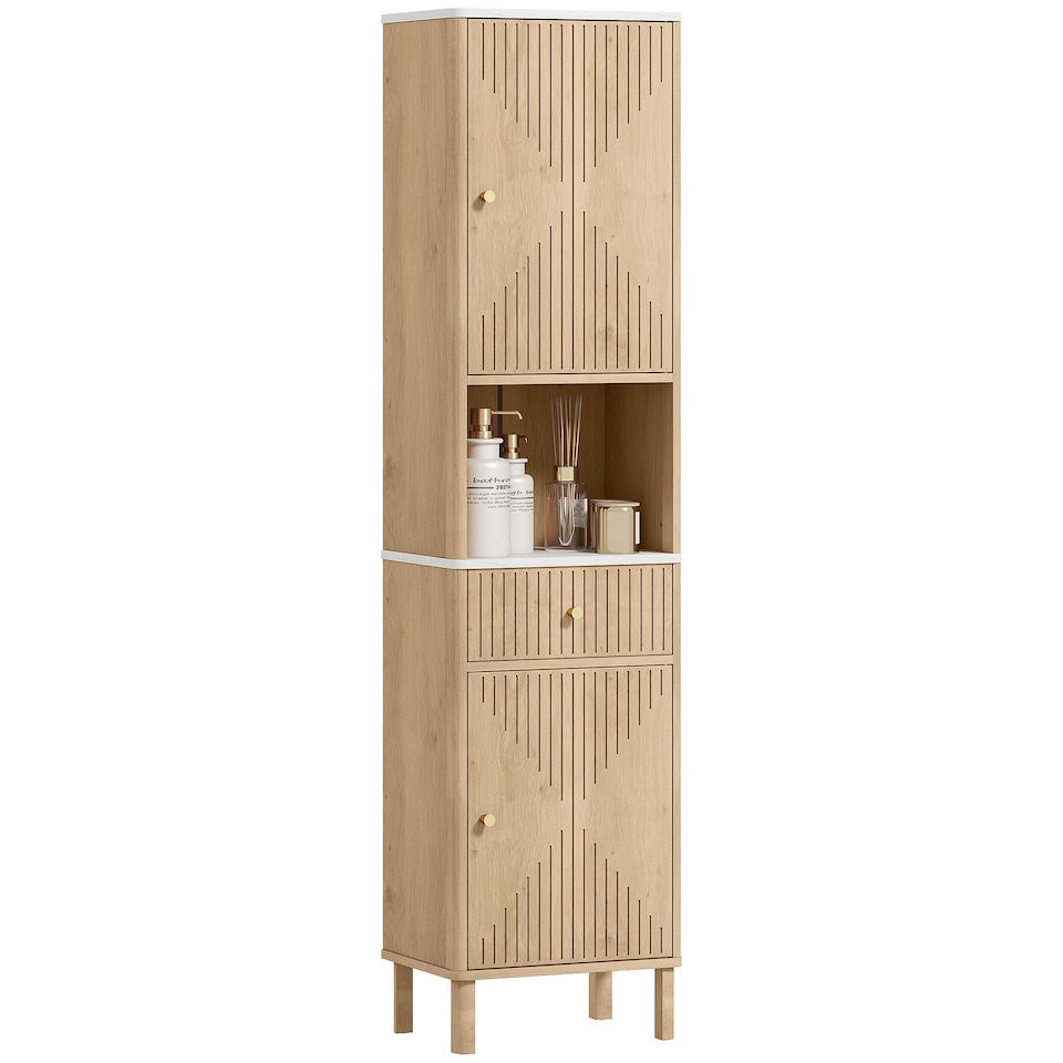image 1 of HOMCOM 168 cm Tall Bathroom Cabinet, Freestanding Slim Bathroom Storage Cabinet with Silent-Glide Drawer, Adjustable Shelves, 2 Cupboards and Groove Doors, Oak