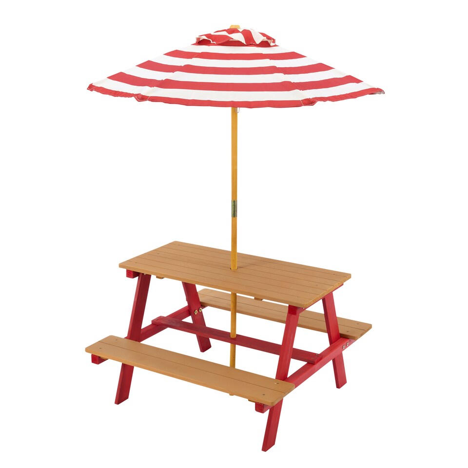 image 1 of Teamson Kids Children's Wooden Picnic Table with Umbrella for Outdoor Garden Play, Red