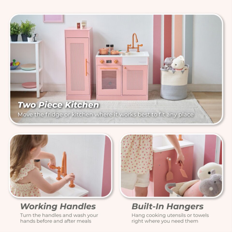 image 1 of Teamson Kids Little Chef Chester Play Kitchen in Peach with Fridge, Stove, 12 Accessories, Shelves & Hooks