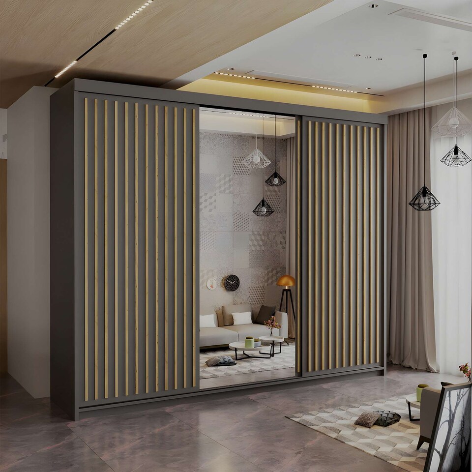 image 1 of Sliding Wardrobes 4U Modern Vertical Panelled Mirror Sliding Wardrobe – 150cm to 250cm, White, Black, Grey, Oak | Grey