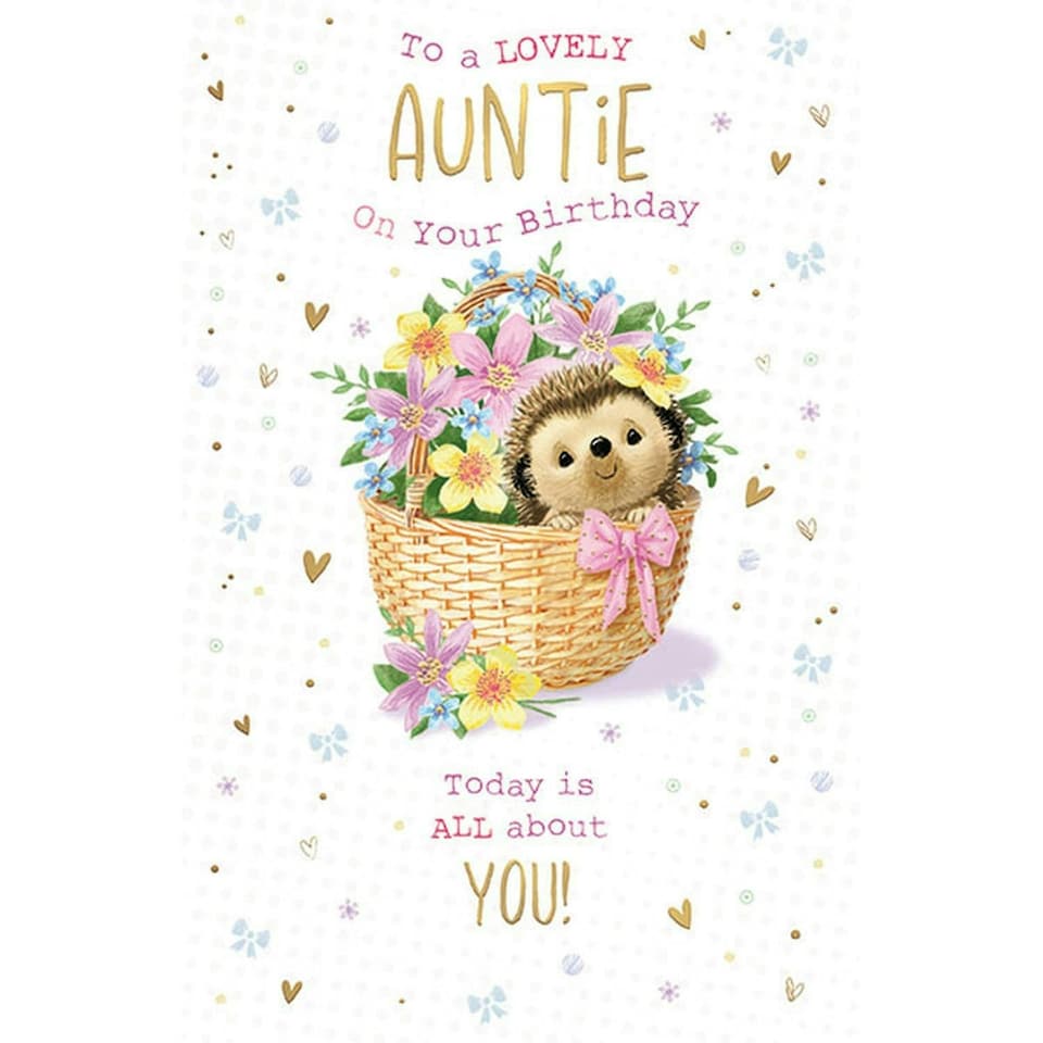 Words 'n' Wishes Traditional Lovely Auntie Birthday Card, Hedgehog Design, Floral Gold Foil Finish