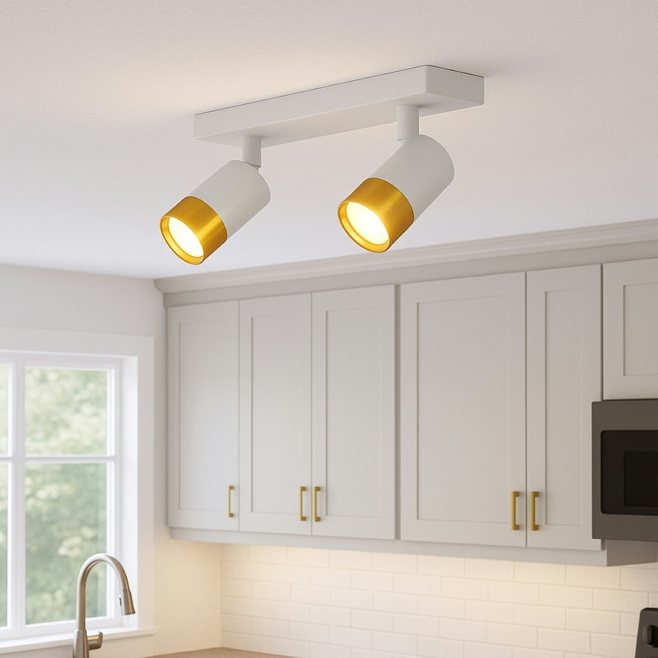 image 1 of CGC PUZON White & Gold GU10 Adjustable Twin Two Head GU10 Ceiling Spotlight Bar Light White