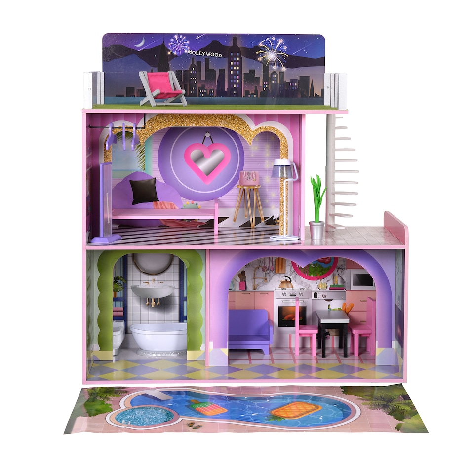 image 1 of Teamson Kids Wooden Dollhouse, 3 Levels and 16 Accessories, Dreamland Sunset