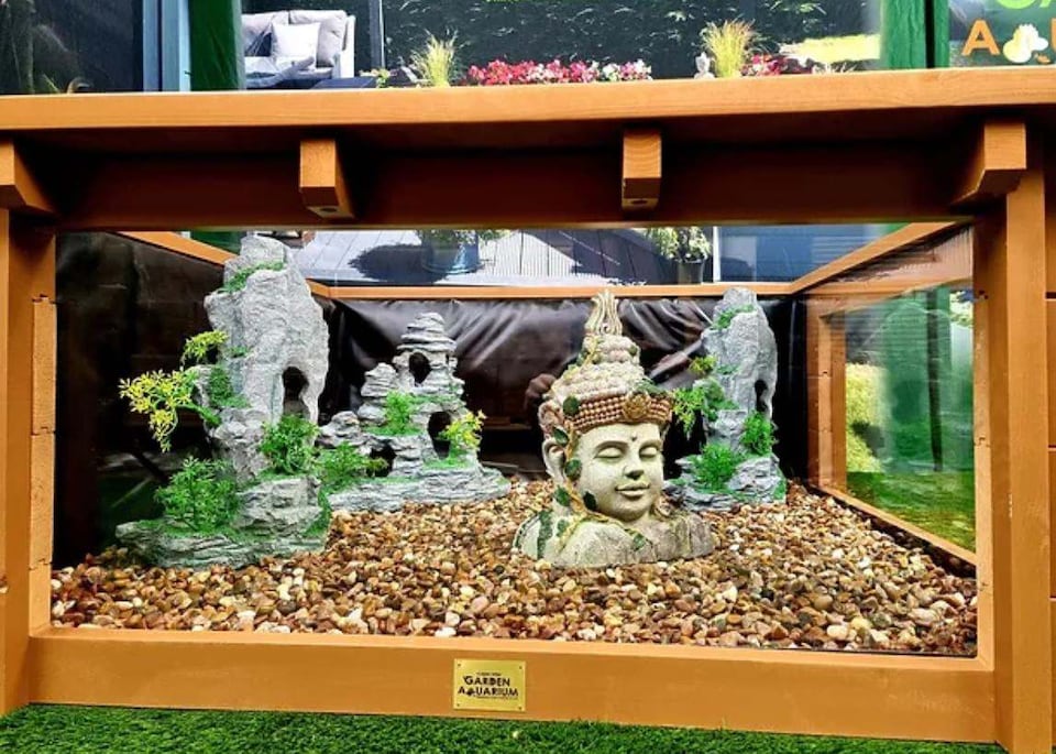 image 1 of Raised square pond with large windows Lotus Clear View Garden Aquarium in Natural Brown