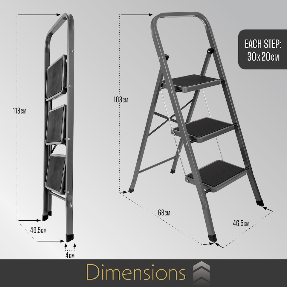 image 1 of Futura 3 Step Ladder Grey, Heavy-Duty Steel Folding Home DIY Step Stool with Wide Non-Slip Steps & Anti Slip Feet 150kg Capacity