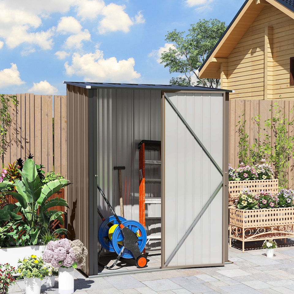 image 1 of Outsunny 5ft x 3ft Lean to Garden Shed, Metal Outdoor Storage Shed with Single Lockable Door, Tool Storage Shed for Garden, Patio, Brown
