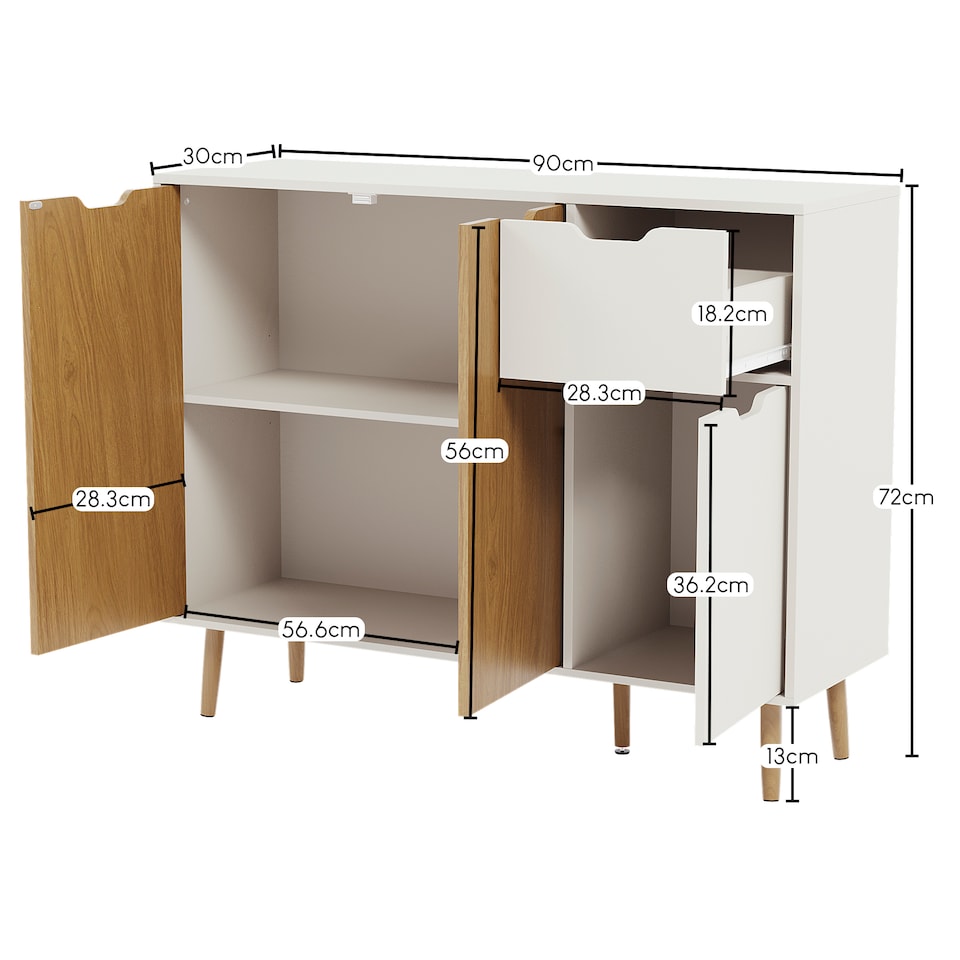 image 1 of Vida Designs 3 Door 1 Drawer Sideboard Buffet Cabinet Storage, White & Oak | White | White & Oak | 1