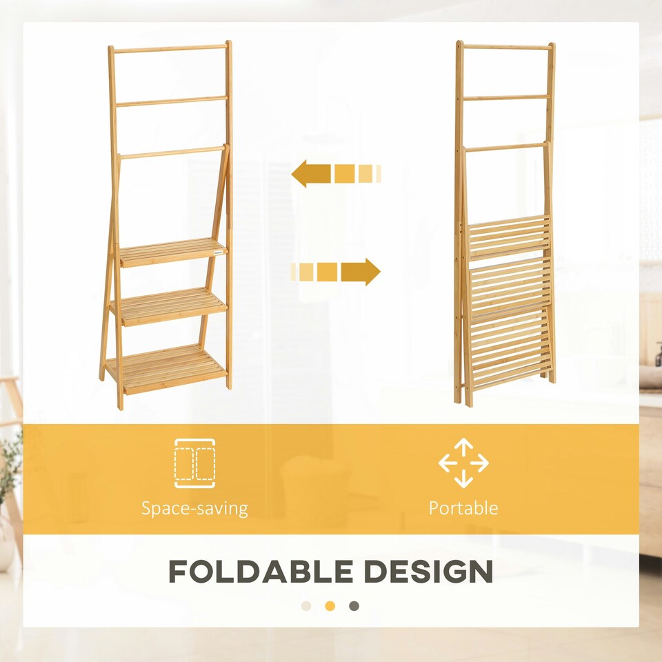 image 1 of kleankin Foldable Natural Bamboo Towel Rack with 3 Towel Rails and 3 Shelves