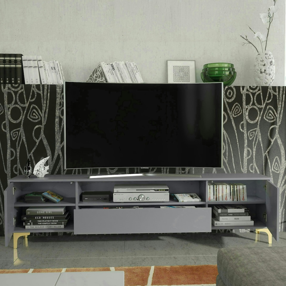 image 1 of TV Unit 200cm Grey with Fluted Doors, Gold Handles and Central Drawer | Grey | One Size | 1