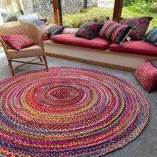 SUNDAR Round Rug Braided with Recycled Fabric - L120 x W120 - Multicolour