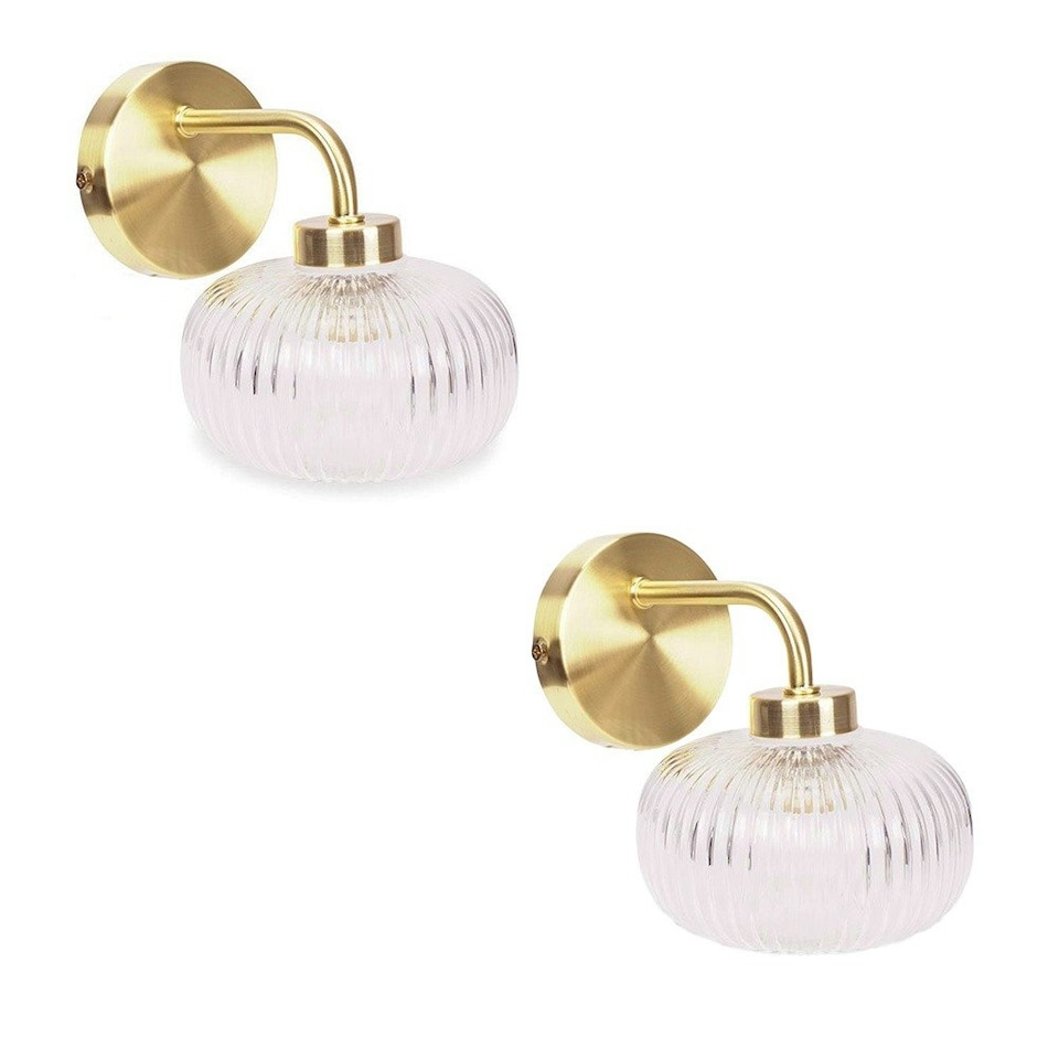 image 1 of ValueLights Amaia Pair of Brushed Gold IP44 Clear Ribbed Glass Wall Lights with LED Bulbs