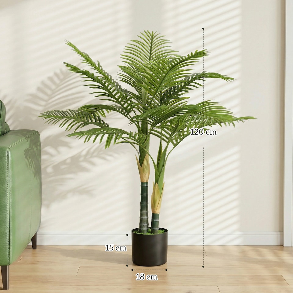 image 1 of HOMCOM 120cm Artificial Palm Tree with 14 PEVA Leaves in Pot, Green