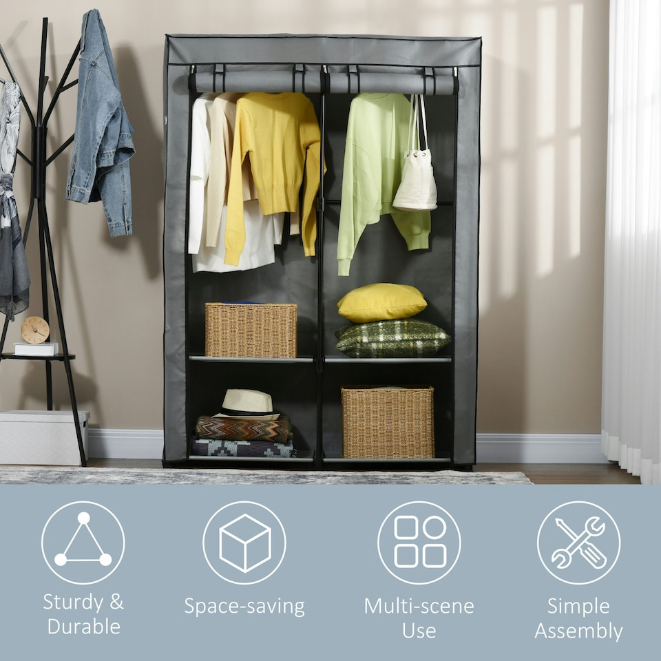 image 1 of HOMCOM Fabric Wardrobe w/ 4 Shelves 2 Hanging Rails Foldable Closets Light Grey