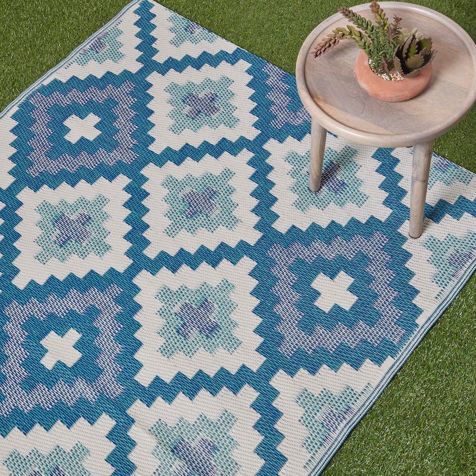 image 1 of Homescapes Outdoor Rug Luxury Waterproof Reversible Recycled, For Garden, Mia Aztec | Blue | Blue