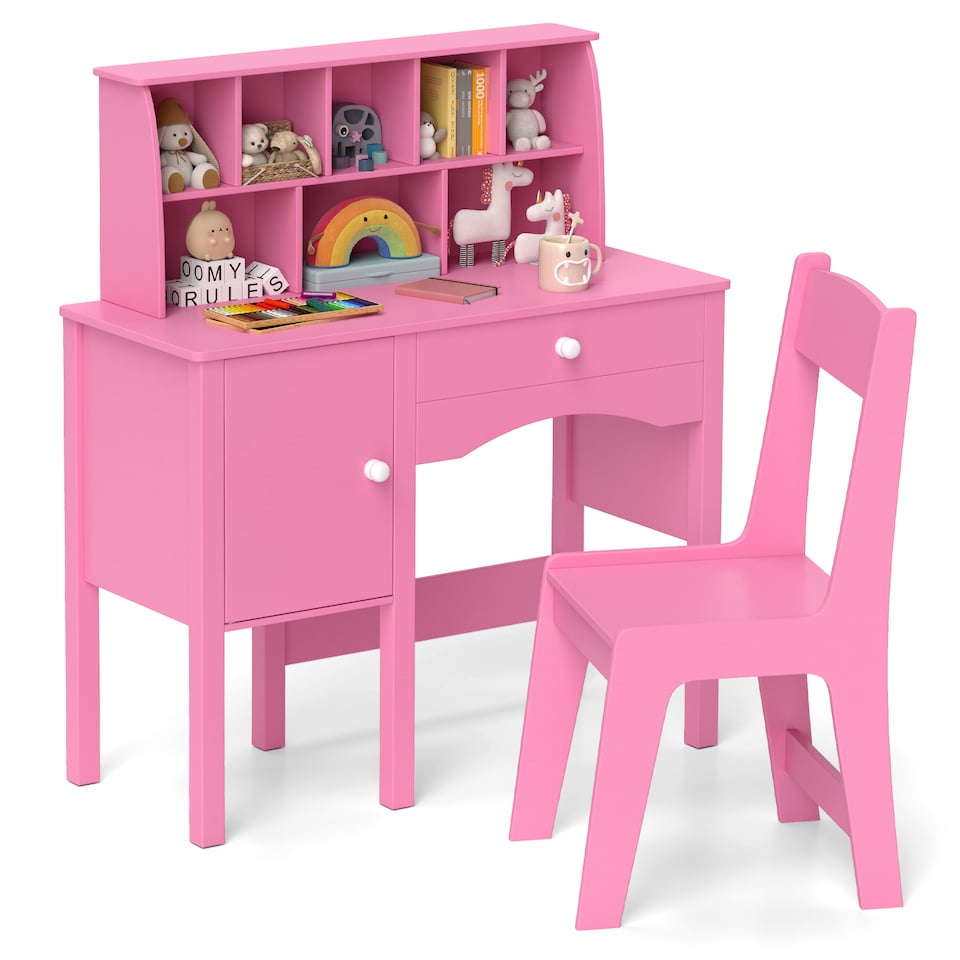 image 1 of COSTWAY Kids Study Desk and Chair Set Children Wooden Craft Table & Chair-Pink