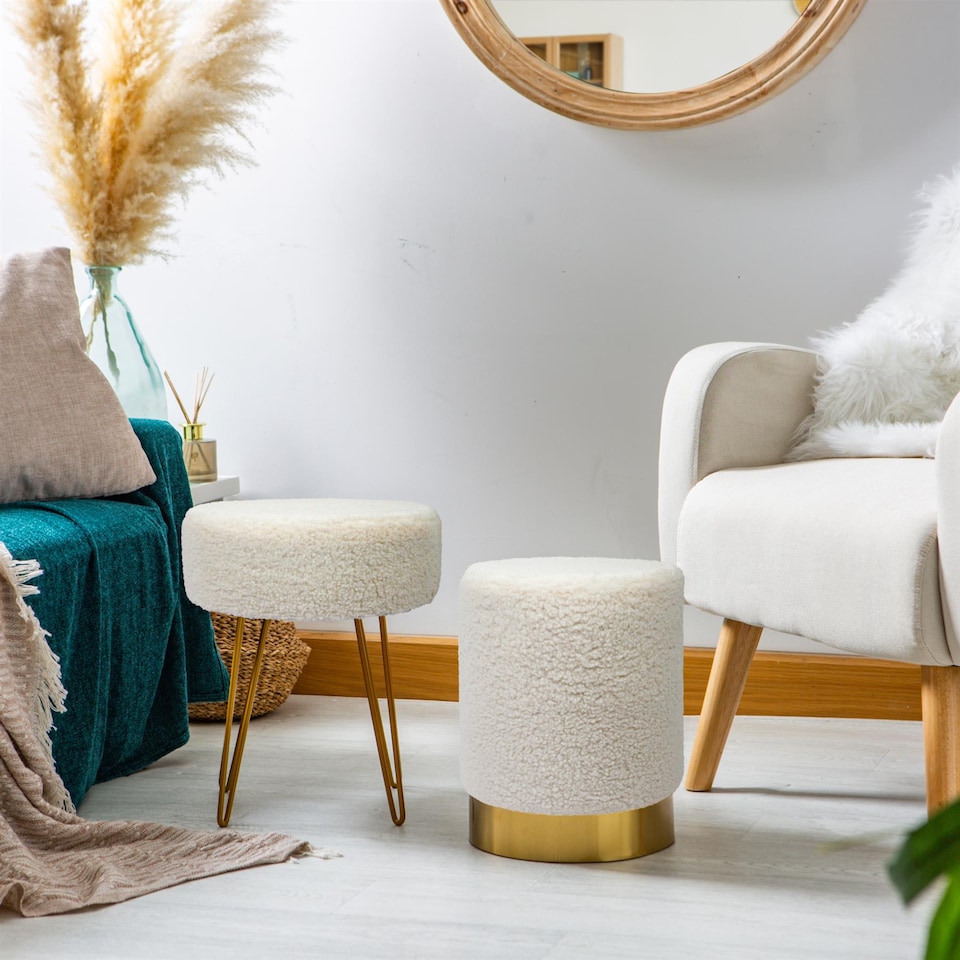 image 1 of Harbour Housewares 2x Round Boucle Pouffes - Cream Modern Dressing Table Footstool Pouffe Vanity Seat Vanity Foot Stool Chair Pouf