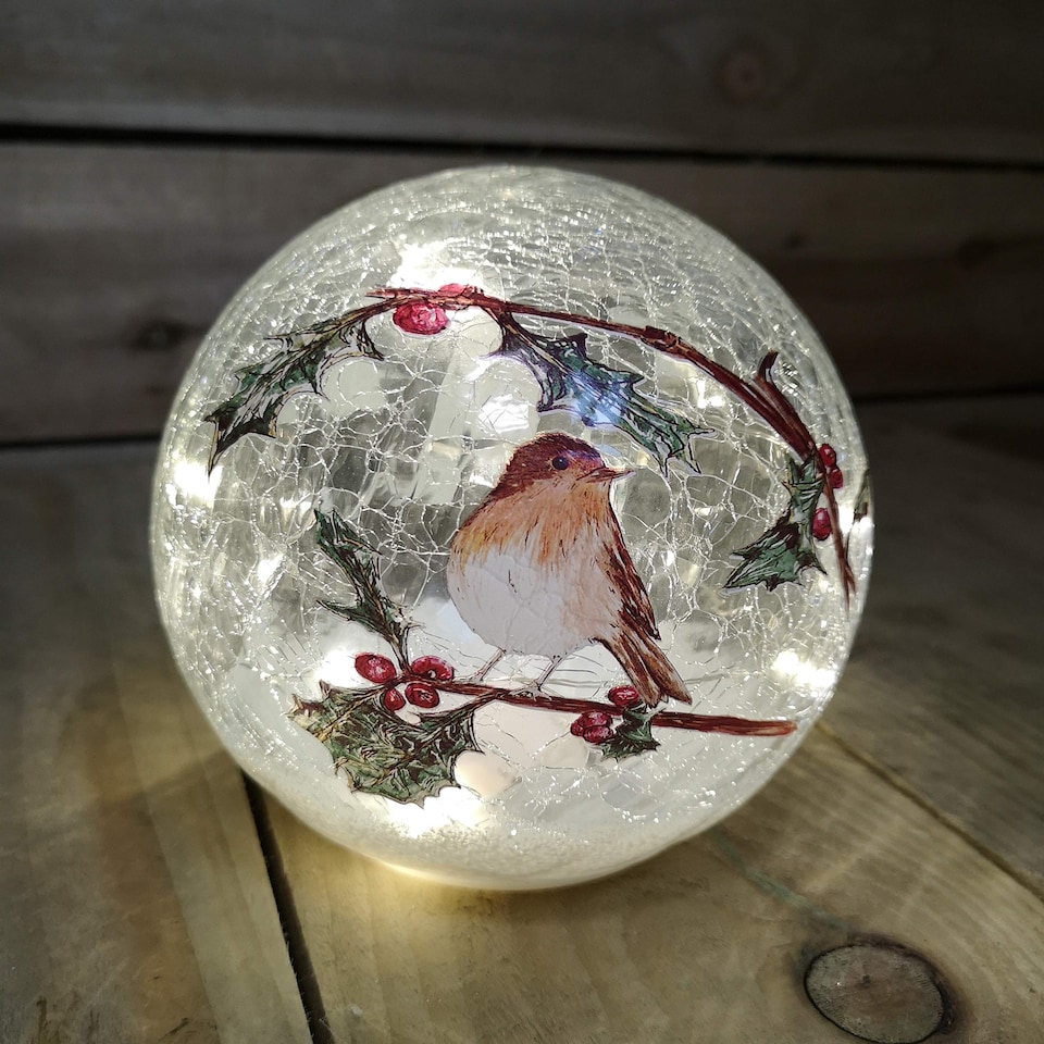 image 1 of 15cm Battery Operated Light up Robin Crackle Glass Ball with 12 Warm White LEDs