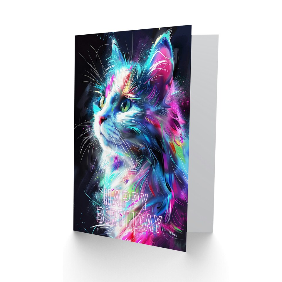 image 1 of Cat Lover Colourful Neon Kitty Portrait For Her Birthday Card