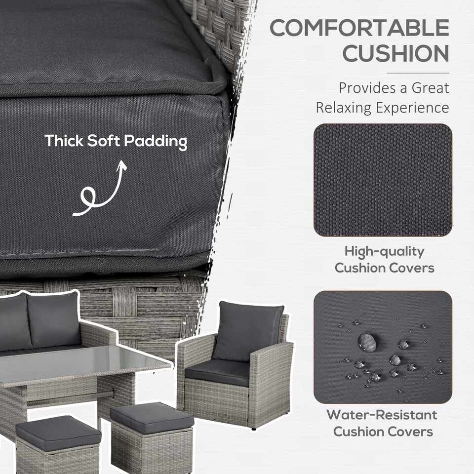 image 1 of Outsunny 6 Pieces Rattan Garden Furniture Set, 7 Seater Wicker Garden Sofa Set with Glass Top Dining Table, Armchairs and Footstools, Outdoor Furniture with Cushions for Patio, Mixed Grey