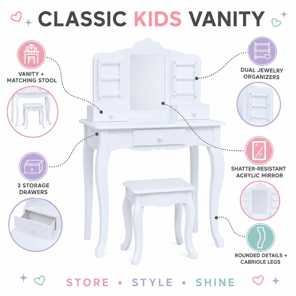 image 1 of Teamson Kids Wooden Kids Vanity Table and Stool Set, White with Drawers