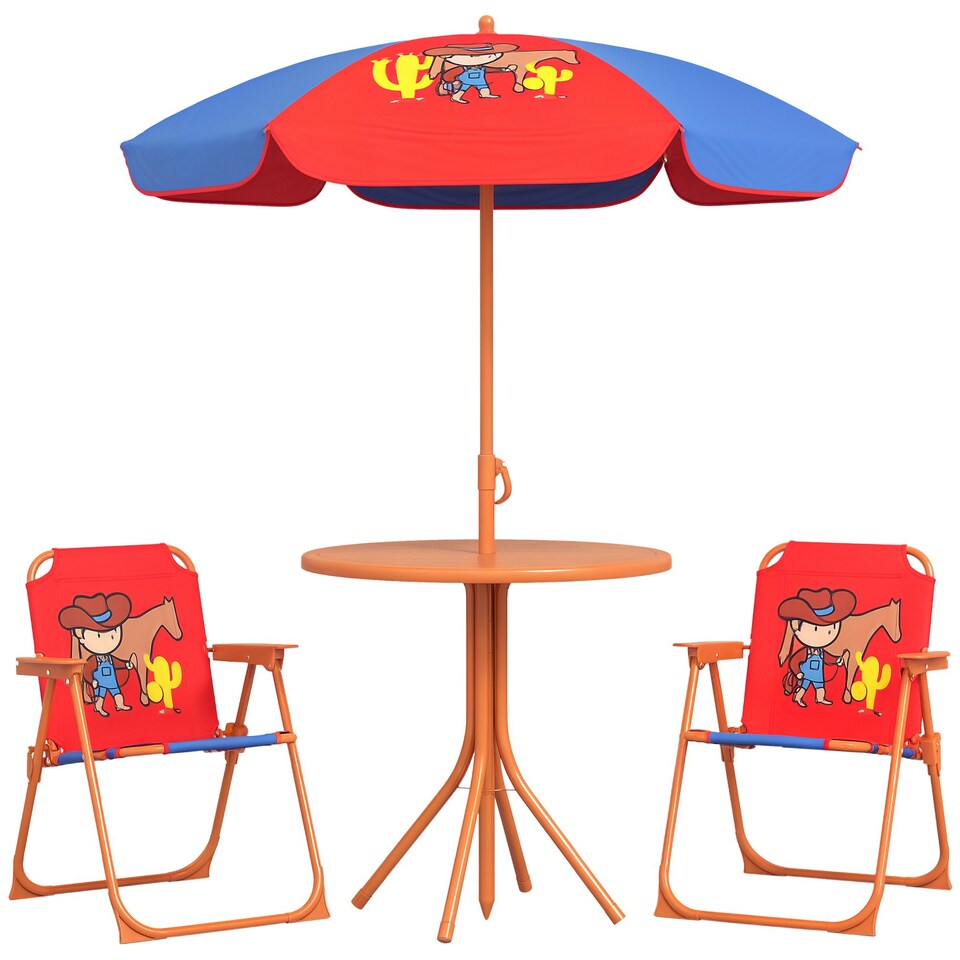 image 1 of Outsunny Kids Bistro Table and Chair Set w/ Cowboy Theme, Adjustable Parasol