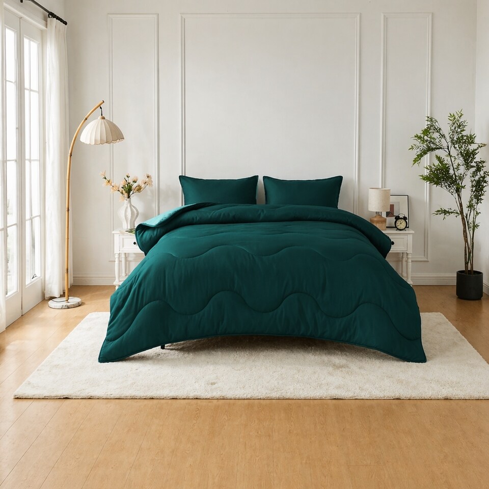 image 1 of 10.5 Tog Supersoft Microfibre Duvet with Pillowcases – Coverless or Use with Duvet Cover | Green | Green/Dark Green | Double