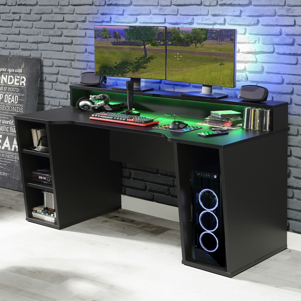 image 1 of Tezaur Black Gaming Desk 2 Shelves with Colour Changing LED