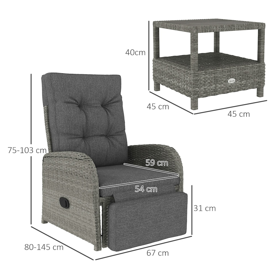 image 1 of Outsunny 3 Pieces Rattan Bistro Set with Cushions for Outdoor, Grey