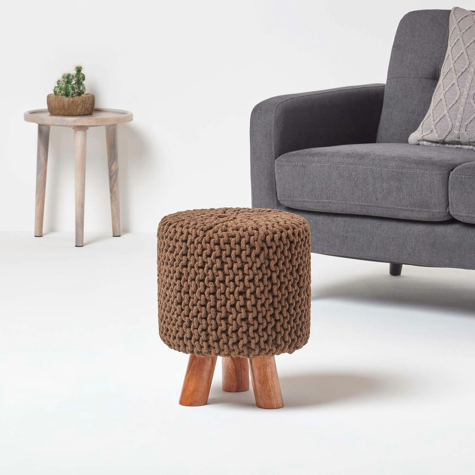 image 1 of Homescapes Chocolate Brown Tall Cotton Knitted Footstool on Legs