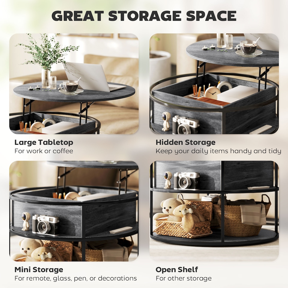 image 1 of HOMCOM Lift Top Coffee Table, Round Coffee Table with Storage Shelf, Hidden Compartment and Steel Frame for Living Room, Home Office, Charcoal Grey | Grey | Charcoal grey | 1