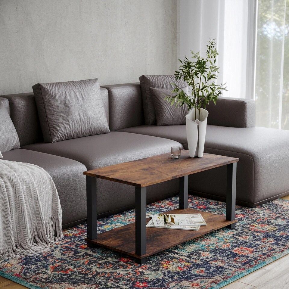 image 1 of Sandra 2 Tier Coffee Table Side Table With Shelf TV Stand Minimalist Style 83cm | Multi | Rustic Brown with Black Legs | 1