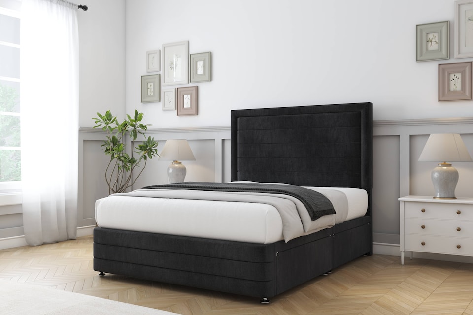 image 1 of Sloomy Ashford Black Naples Divan Bed With Mattress 2 Drawers Left Side With 54" Floor Standing Headboard & 12" Matching Footboard 2'6 Small Single | Black | Black | Small Single | 1