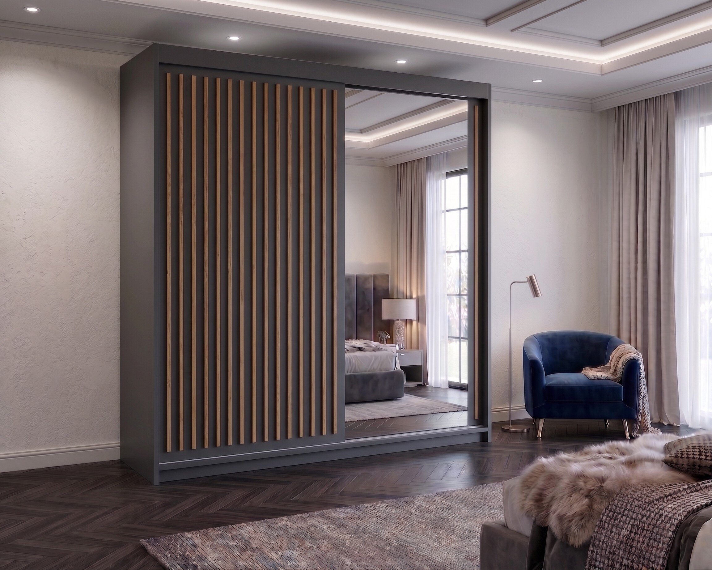Sliding Wardrobe with Mirror Space Saving Bedroom Wardrobe, Contemporary Bedroom Sliding Wardrobe & Mirror Wardrobe (Grey, 203cm)