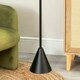 image 1 of ValueLights Mitch Boucle Drum Lamp Shade Black Wood Stem Triangle Floor Lamp with LED Bulb Black