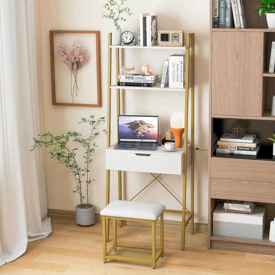 image 1 of COSTWAY 3 IN 1 Vanity Dressing Table Set Cushioned Stool | White