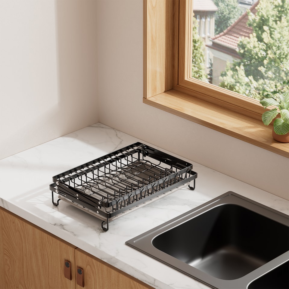 image 1 of Living and Home Foldable 2-Tier Dish Drying Rack with a Drip Tray | Black