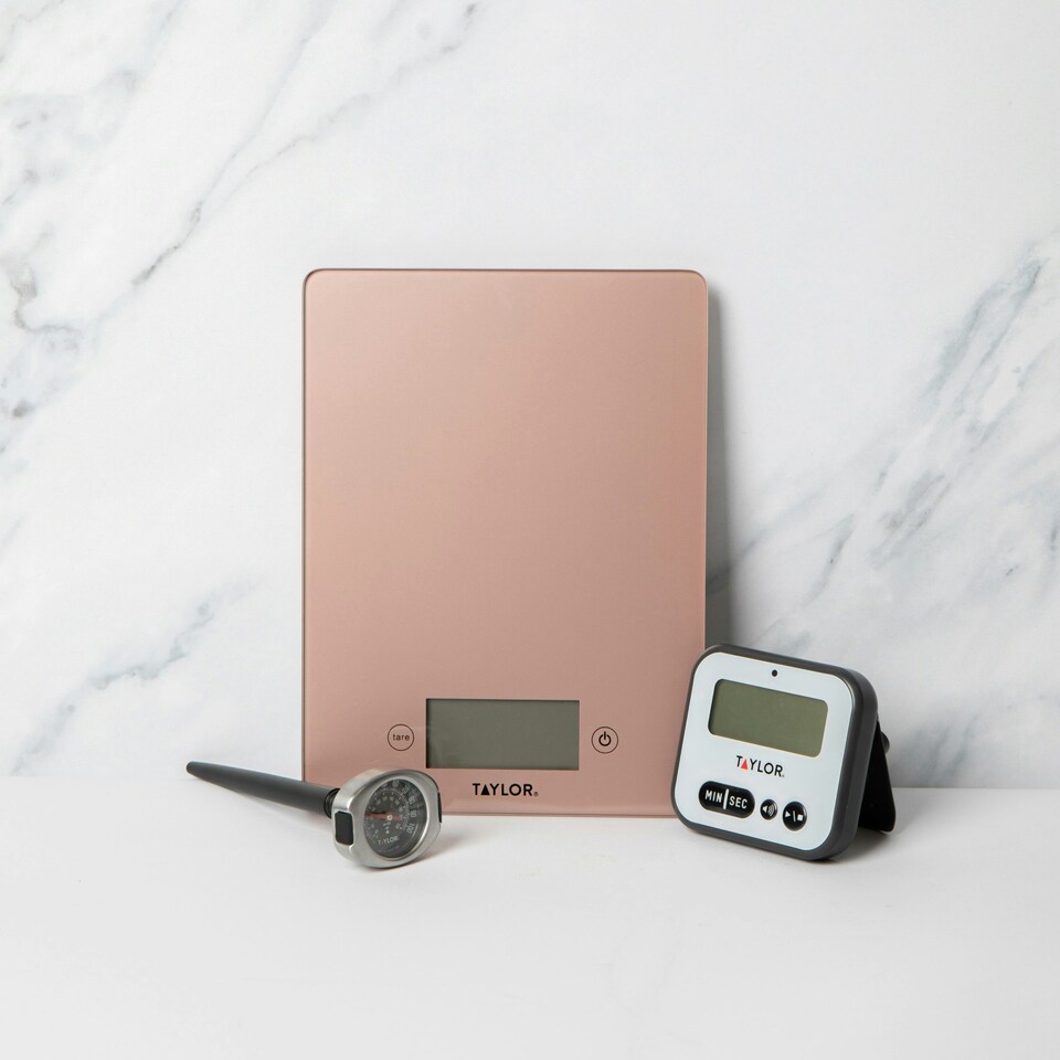 image 1 of 3pc Measuring Set with Rose Gold Pro Glass Digital Kitchen Scale 5kg, Pro Instant Read Probe Thermometer and Digital Timer