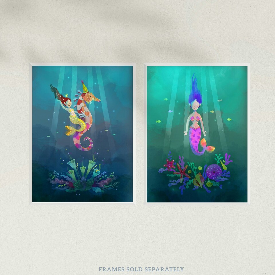 image 1 of Set of 2 Girl Kids Bedroom Fairytale Cartoon Mermaid Sea Princess Wall Art Print A4
