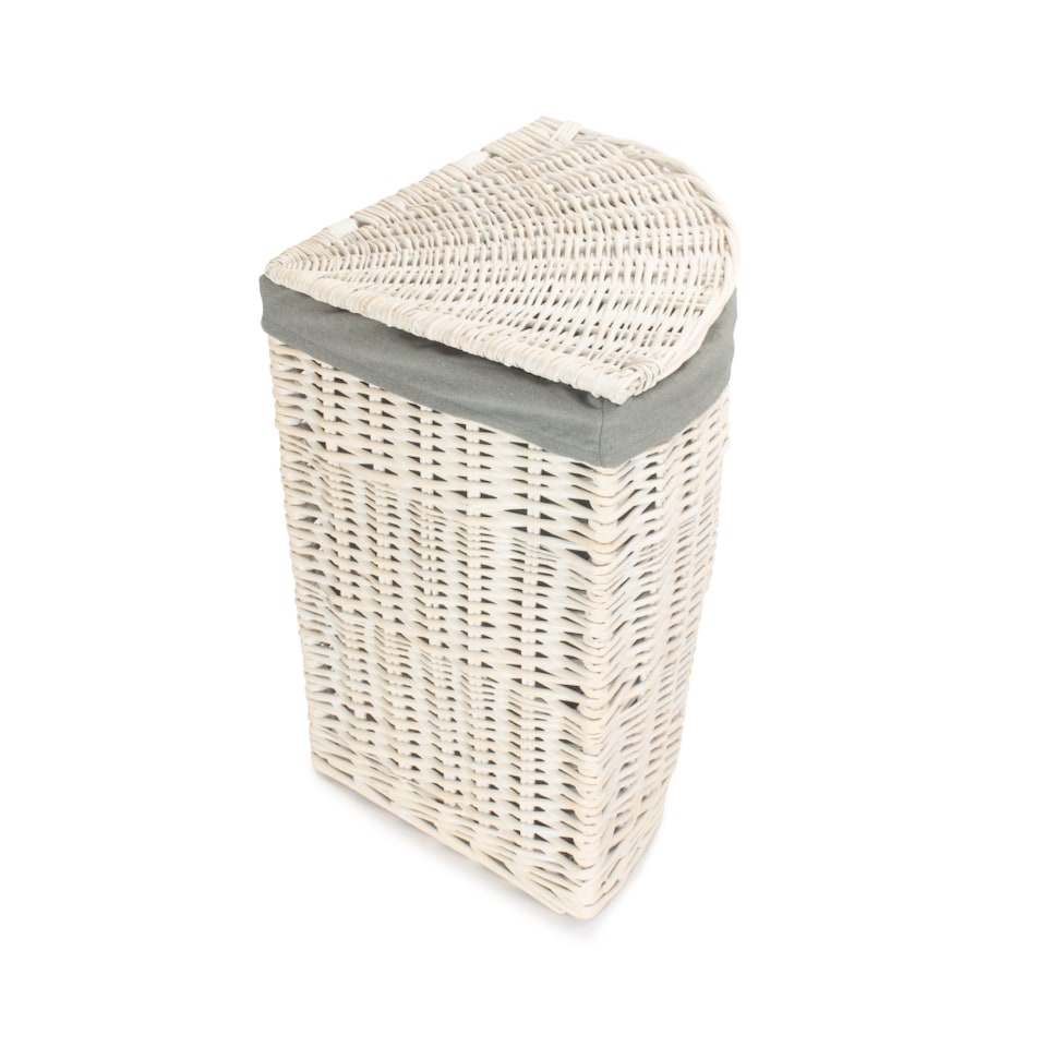 image 1 of Small Corner White Wash Laundry Hamper Wih Grey Sage Lining | Grey | Grey