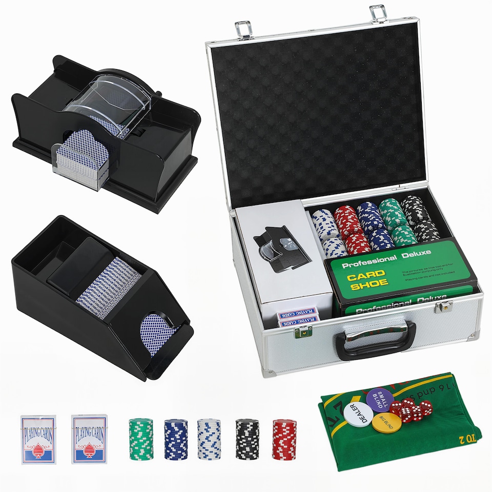 image 1 of SPORTNOW 300-Piece Poker Chips Set with Card Shuffler, Card Shoe, ABS Case, Casino Texas Holdem Poker Set with Mat, 11.5g Poker Chips, Two Decks of Cards, Dealer, Blind Buttons, Five Dices, Silver