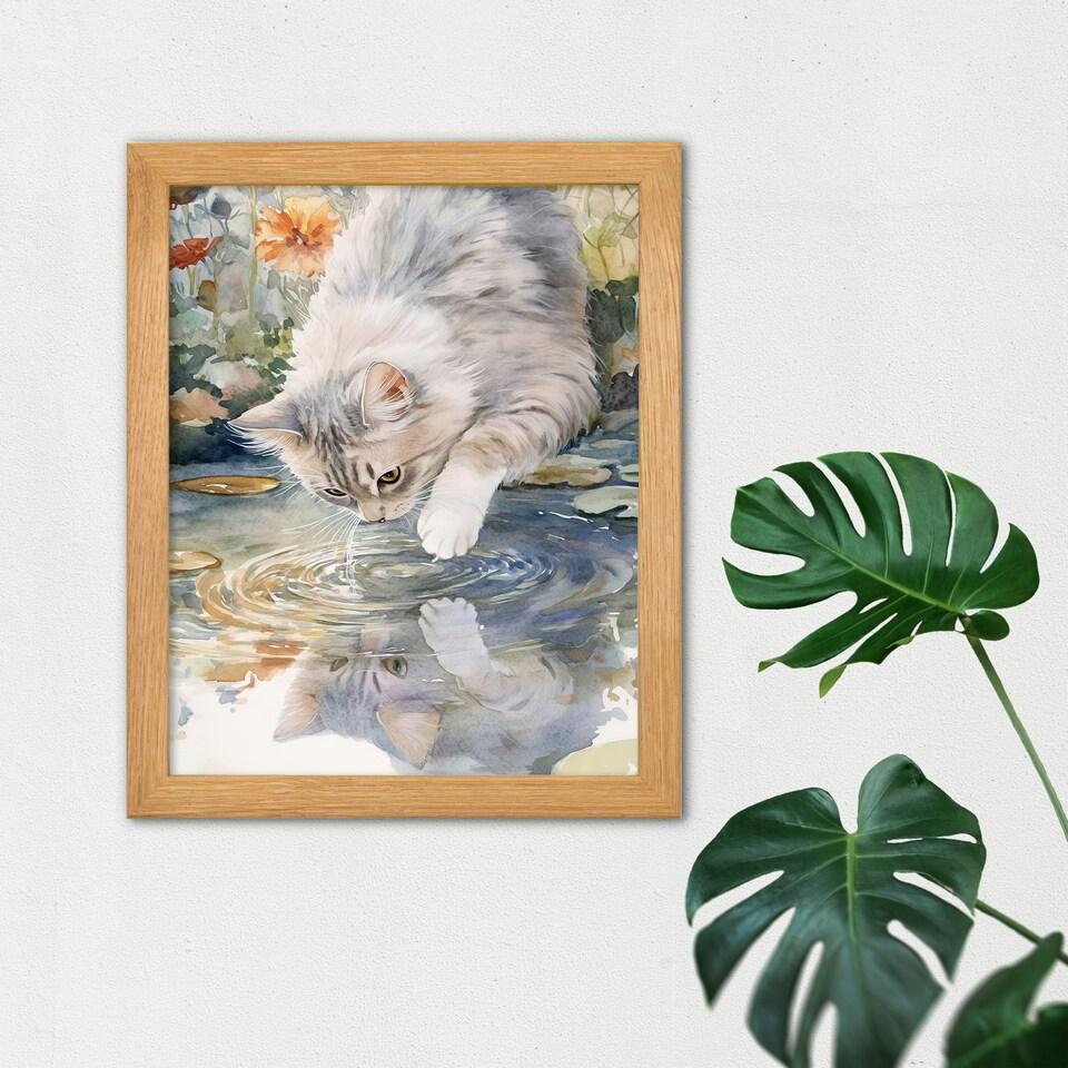 image 1 of Cat Lover Cute Kitten Pond Lake Watercolour Wood Framed Wall Art Print