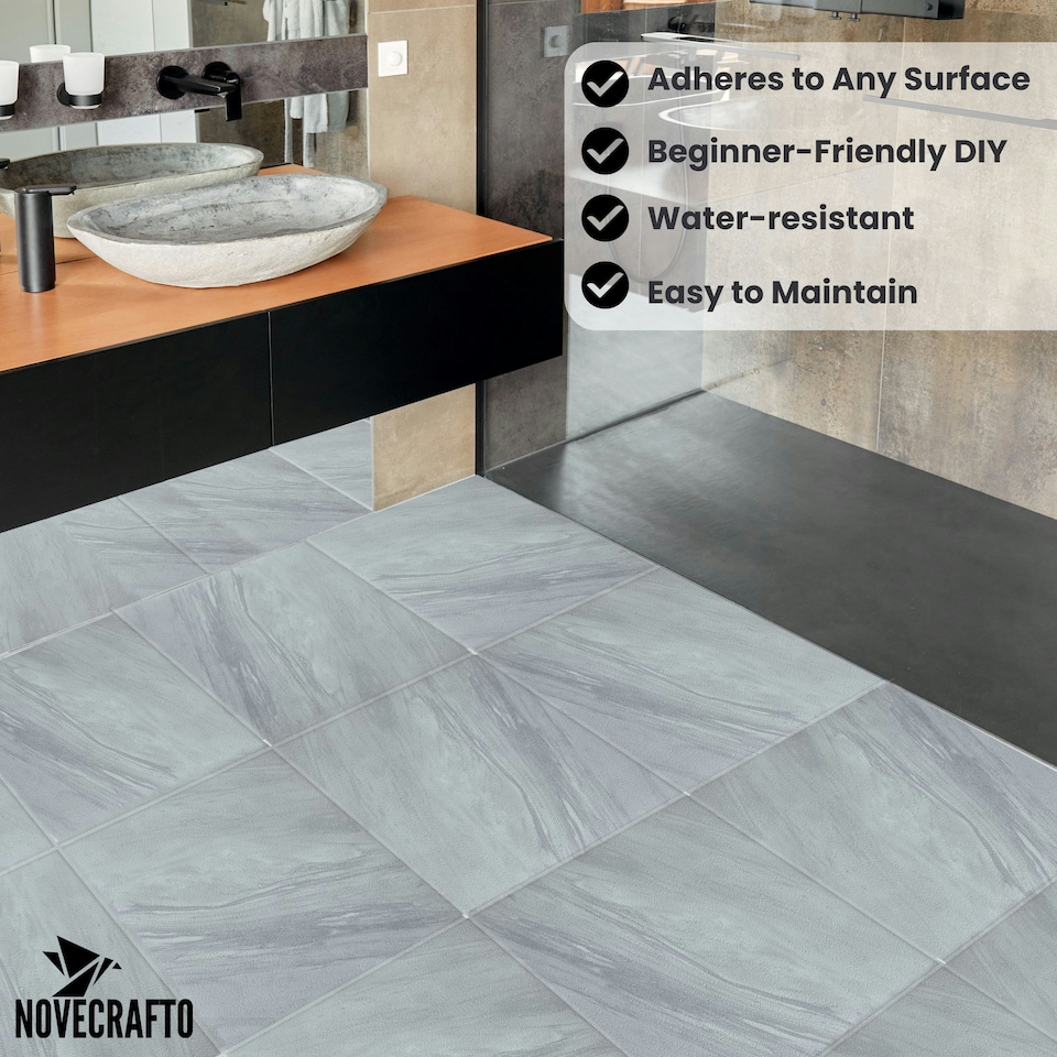 image 1 of NOVECRAFTO Vinyl Floor Tiles Self Adhesive – 18x18in Peel and Stick Waterproof Square Flooring for Kitchen, Bathroom & More – Grey White Marble Design Grey | 2.09 sqm