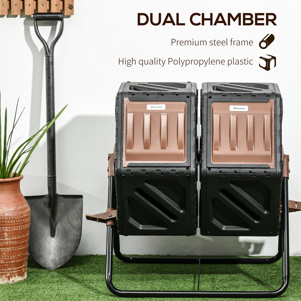 image 1 of Outsunny 130L Compost Bin Dual Chamber Rotating Composter w/ Ventilation Holes | Brown | Dark Brown and Black