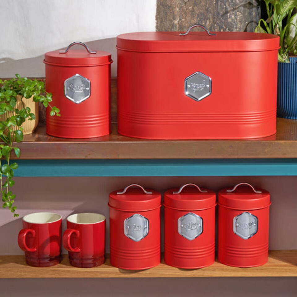 image 1 of Cooks Professional 5 Piece Kitchen Storage Set - Tea, Coffee, Sugar, Bread & Biscuit Tins | Red | Red & Silver
