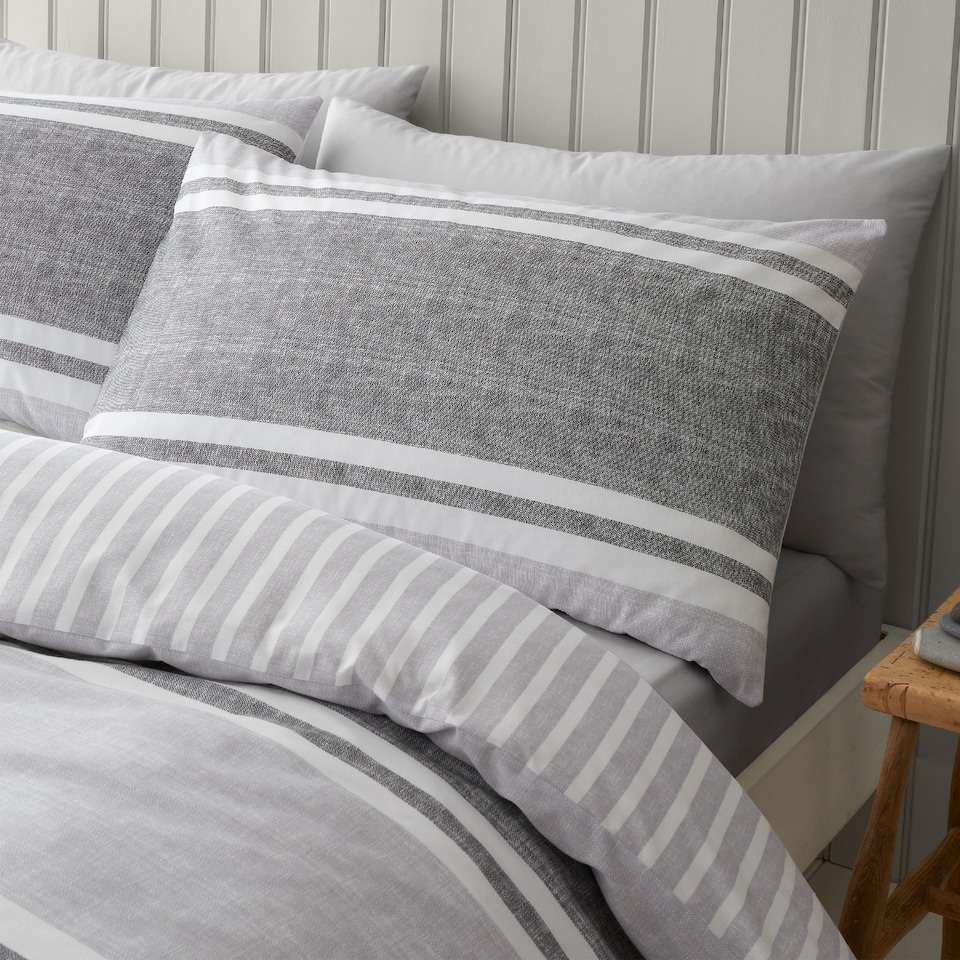 image 1 of Textured Banded Stripe Reversible Duvet Cover Set | Grey | Charcoal Grey