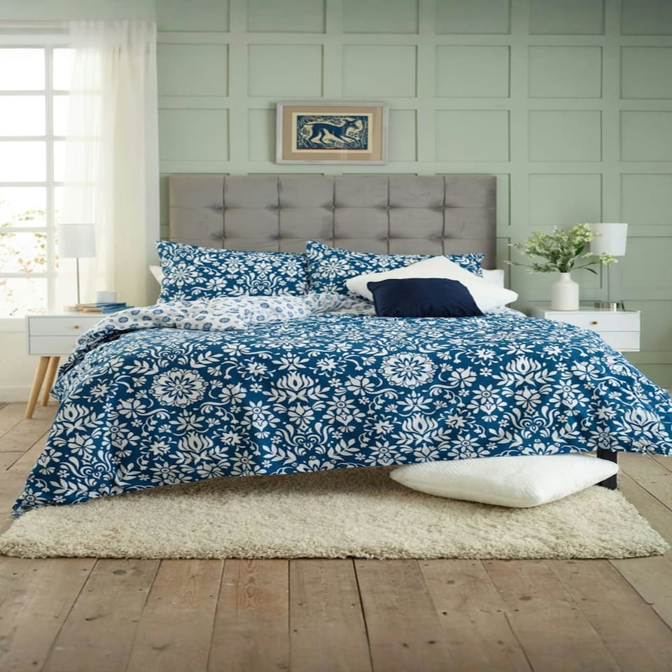 image 1 of Ornamental Tile Floral 100% Cotton Duvet Cover Set – Soft & Decorative | Blue | Double