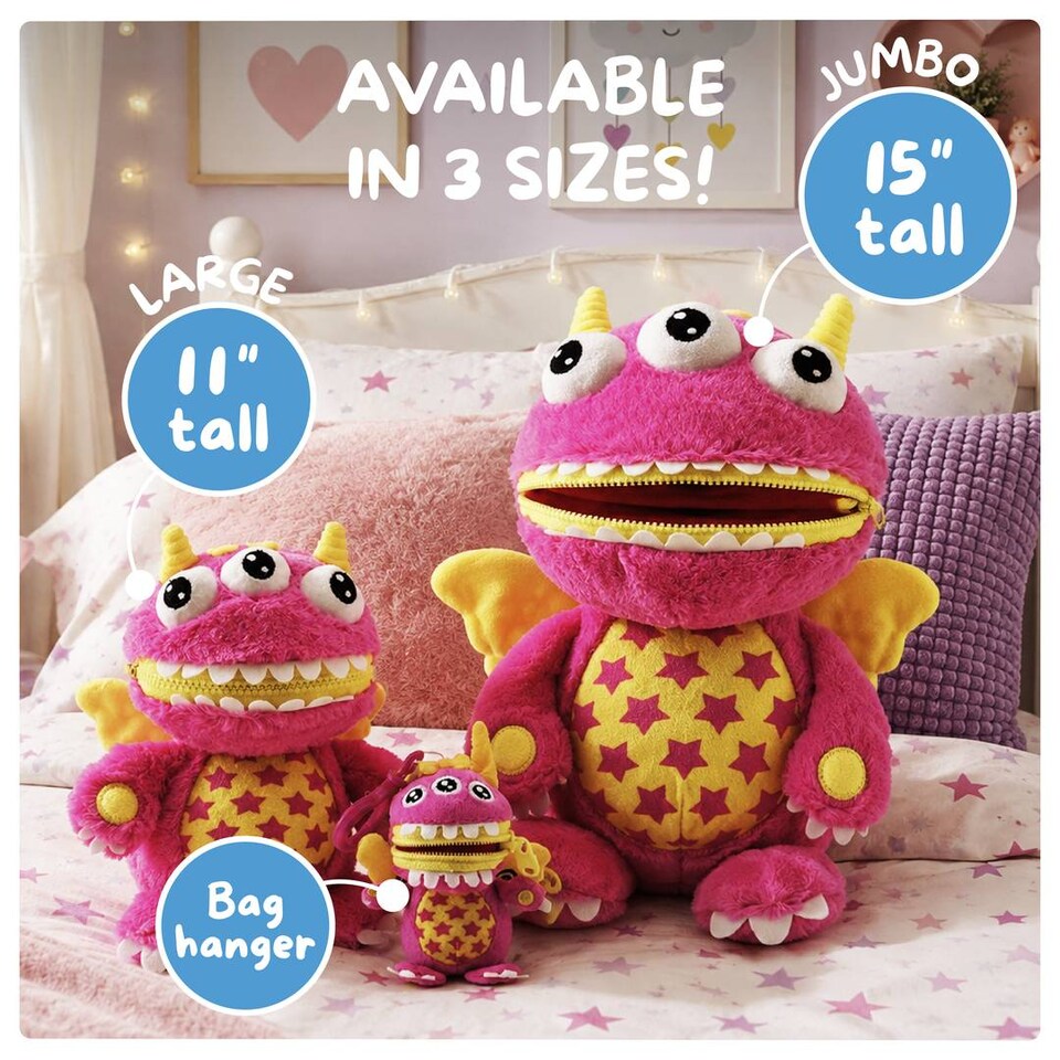 image 1 of Kids Worry Monster Soft Toy Zip Mouth Pocket Plush Comfort Companion Gift Idea Present Cuddly