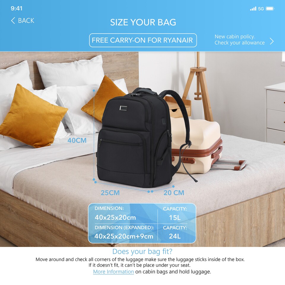 image 1 of Cabin Pro 'Stride' 40x20x25cm Ryanair Cabin Bag Underseat Backpack for Travelling TSA Approved Lock Expandable Backpack - Carry on Luggage | Black | 1